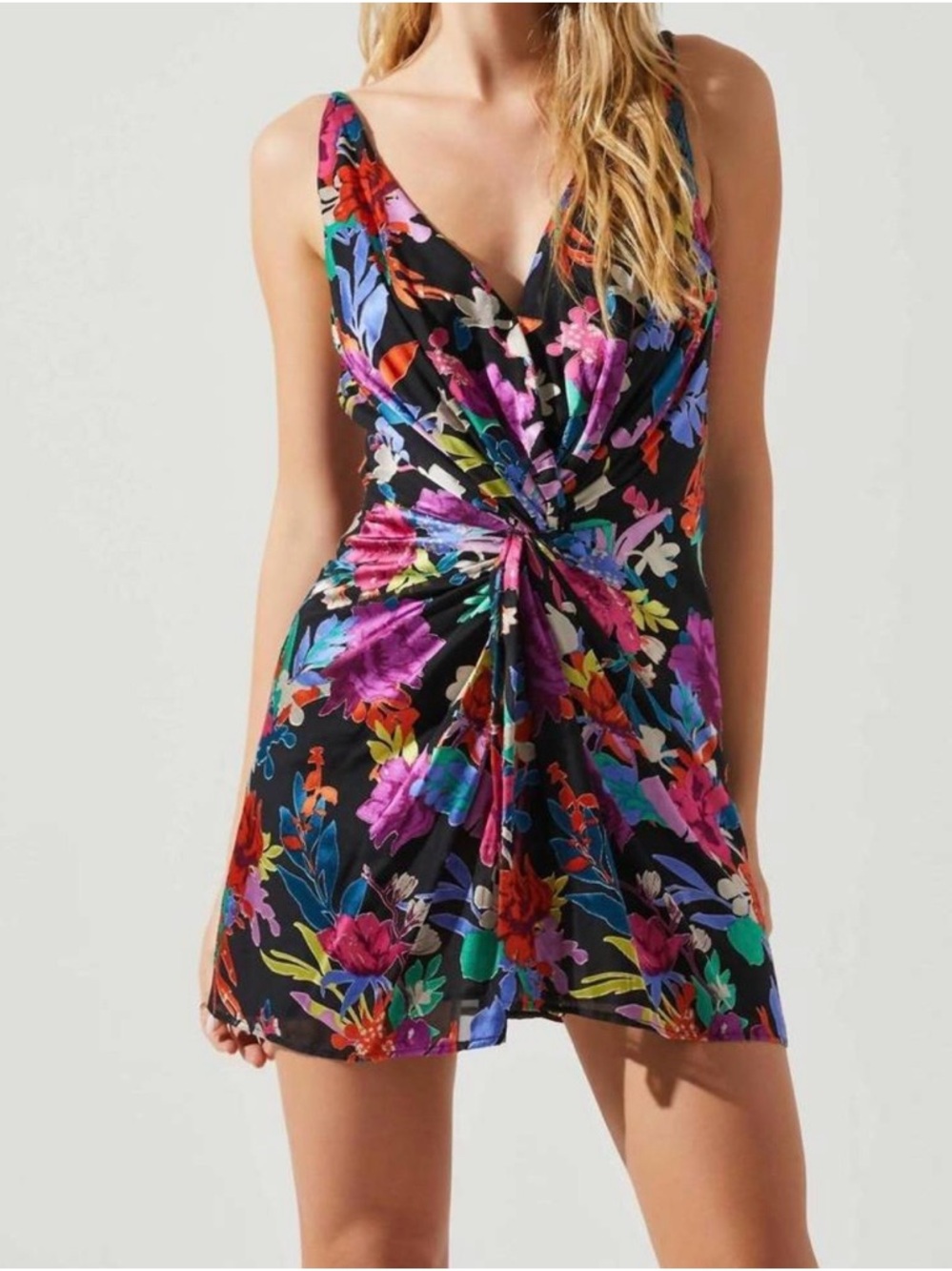 ASTR The Label Alivia Floral Twist Front V-Neck Mini Dress in Pink Multi NWTs S